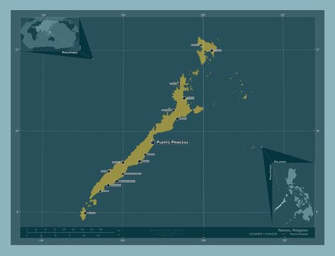 Palawan, Philippines. Solid. Labelled points of cities