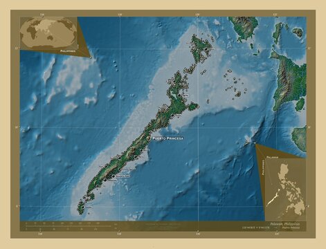 Palawan, Philippines. Physical. Labelled points of cities