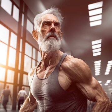 Portrait Of Strong Old Man, With Grey Hair. 60 Year Old Athlete On Workout In Fitness Studio. Inclusive Fitness Concept, AI Generative Illustration.