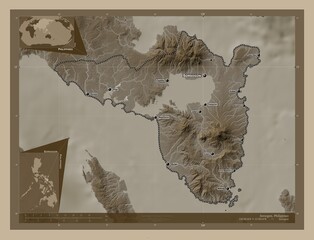 Sorsogon, Philippines. Sepia. Labelled points of cities