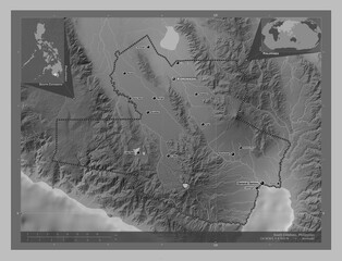 South Cotabato, Philippines. Grayscale. Labelled points of cities