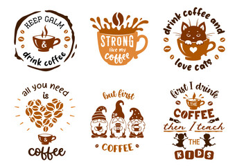 Naklejka premium Coffee sign with quotes. Set of coffee symbols. Cafe emblem designs. Coffee badge.