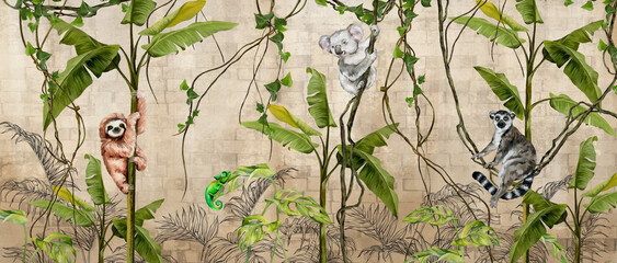 
Animals in the tropics on a textured background, art drawing in light colors, photo wallpaper