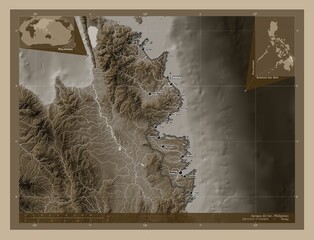 Surigao del Sur, Philippines. Sepia. Labelled points of cities