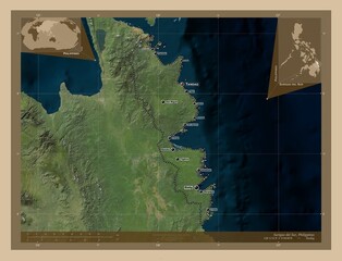Surigao del Sur, Philippines. Low-res satellite. Labelled points of cities