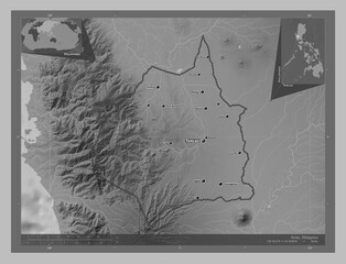 Tarlac, Philippines. Grayscale. Labelled points of cities