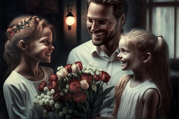 Obraz na płótnie Canvas Wife meets husband with flowers and two daughters smiling beside her with Generative AI
