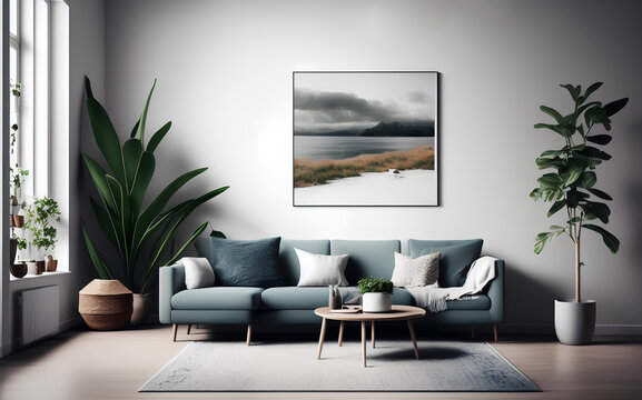 Concept art living room composition with blue grey sofa and painting on white wall. Home decor. Template. Generative AI