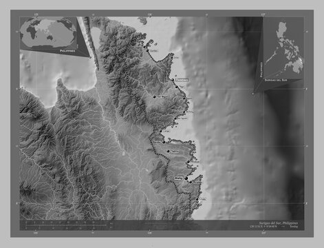 Surigao del Sur, Philippines. Grayscale. Labelled points of cities