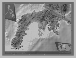 Zamboanga del Sur, Philippines. Grayscale. Labelled points of cities