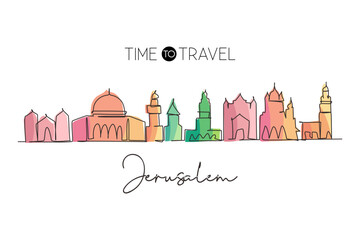 Single continuous line drawing Jerusalem holy city skyline, Palestine. Historical town landscape in the world. Best holiday destination. Editable stroke trendy one line draw design vector illustration