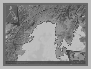 Zamboanga Sibugay, Philippines. Grayscale. Labelled points of cities