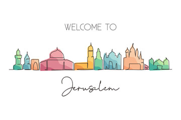 Naklejka premium Single one line drawing Jerusalem city skyline, Palestine. Famous holy city for wall decor print. World travel concept. Editable stroke modern continuous line draw design graphic vector illustration