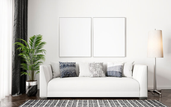 Mock up poster frame in Modern interior background, living room, 3D render, 3D illustration	