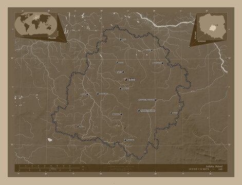 Lodzkie, Poland. Sepia. Labelled points of cities