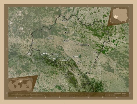 Dolnoslaskie, Poland. Low-res satellite. Labelled points of cities