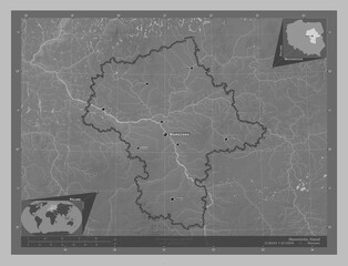 Mazowieckie, Poland. Grayscale. Labelled points of cities