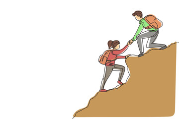 Continuous one line drawing group of people man woman helping each other hike up a mountain. Business, success, leadership, achievement and goal concept. Single line draw design vector illustration - obrazy, fototapety, plakaty
