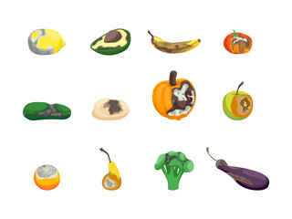 Cartoon Color Different Waste Damaged Food Set Flat Design Style Include of Banana and Apple. Vector illustration