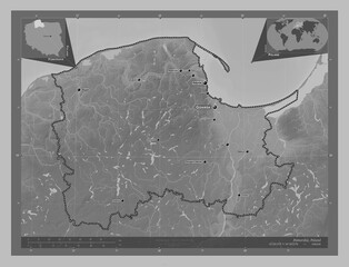 Pomorskie, Poland. Grayscale. Labelled points of cities