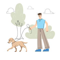 Happy guy walking with a dog at summer park. Joyful owner and domestic animal enjoying promenade outdoor. Vector flat illustration.