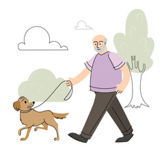 Happy elderly man walking with a dog at summer park. Joyful owner and domestic animal enjoying promenade outdoor. Vector flat illustration.