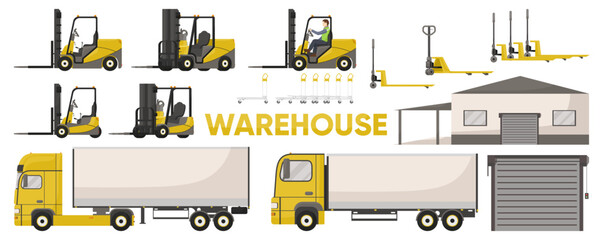 Set of warehouse forklifts and trucks isolated on white background. Warehouse building, loading and lifting equipment. Cargo and logistic transport big collection of flat icons. Vector illustration