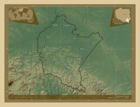 Podkarpackie, Poland. Physical. Labelled points of cities