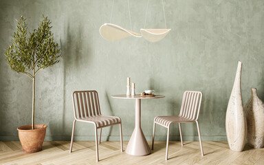 Dining room with modern lamp in pastel colours, Modern style, 3D render, 3D illustration	