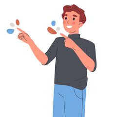 Guy pointing up with index fingers. Male character indicating and pointing up flat vector illustration on white background