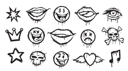 Poster Set of a black and white graffiti spray patterns such us smiles, emoji, crown, skull and many other  © Harry Kasyanov