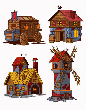 Wagon, barn, forge and mill.Stylized image of buildings. Applicable in games, mobile applications, advertising and illustration.