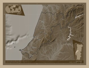 Leiria, Portugal. Sepia. Labelled points of cities