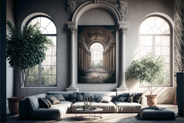 Interior classic luxury living room high ceiling in modern classic style with arch background and grand sofa