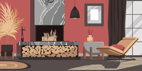 Lounge room interior banner. Modern country house style with furniture: armchair near fireplace decorated by stack of firewood. Wallpaper design concept of comfortable hotel room. Vector illustration