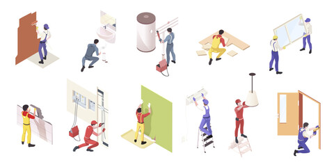 Fototapeta na wymiar Set of repairman character icons for renovation concept 3d isometric view. Professional contractor team of repairmen plumber, painter, specialist of installing, electrician, tiler. Vector illustration