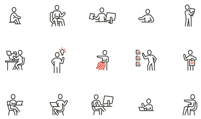 Fototapeta premium Vector Set of Linear Icons Related to Staff, Employees, Work Situations and Positions. Mono Line Collection Icons and Infographics Design Elements