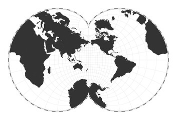 Vector world map. Eisenlohr conformal projection. Plain world geographical map with latitude and longitude lines. Centered to 180deg longitude. Vector illustration.