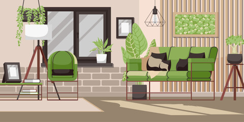 Lounge room interior banner. Modern cozy apartment style with furniture armchair and carpet. Chair and table with laptop workplace. Green color design in comfortable living room. Vector illustration
