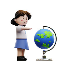 3d girl student pointing at globe
