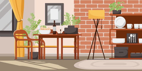 Lounge room interior banner. Modern cozy apartment style with furniture, sofa, armchair and floor plant, lamp near bookshelf. Yellow color design in comfortable hotel room. Flat Vector illustration