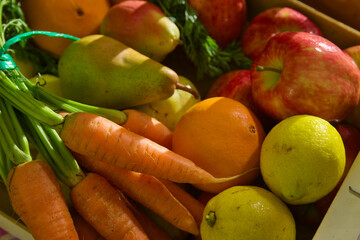 Assorted fruit and vegetables with bananas, apples, lemons, pears and carrots. light dark image