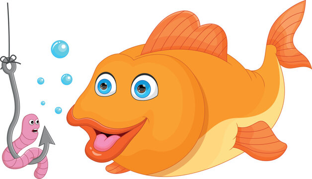 cartoon cute fish with a worm on a hook