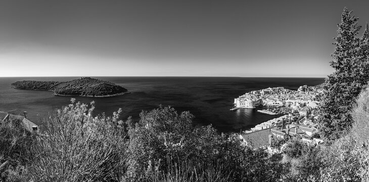 Dubrovnik, Croatia: Panoramic view of Dubrivnik old town znd Lokrum Island on the Adriatic Sea; small coastal town on the Croatian Mediterranean riviera