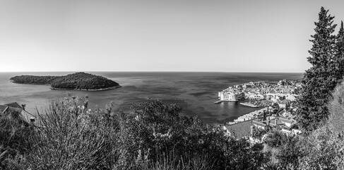 Dubrovnik, Croatia: Panoramic view of Dubrivnik old town znd Lokrum Island on the Adriatic Sea; small coastal town on the Croatian Mediterranean riviera