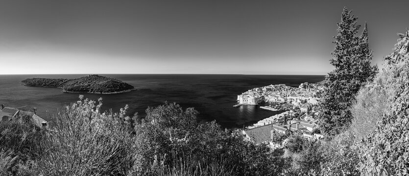 Dubrovnik, Croatia: Panoramic view of Dubrivnik old town znd Lokrum Island on the Adriatic Sea; small coastal town on the Croatian Mediterranean riviera