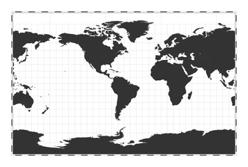 Vector world map. Cylindrical stereographic projection. Plain world geographical map with latitude and longitude lines. Centered to 60deg E longitude. Vector illustration.