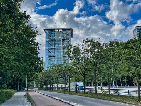 modern skyscraper vno-ncw in the netherlands with highway -den haag, netherlands - may 30 2022
