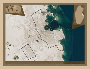 Ad Dawhah, Qatar. Low-res satellite. Labelled points of cities - obrazy, fototapety, plakaty