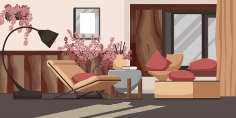 Lounge room interior banner. Modern cozy apartment style with furniture, red pillows on sofa, armchair and carpet with bookshelf. Pink grey color design in comfortable hotel room. Vector illustration